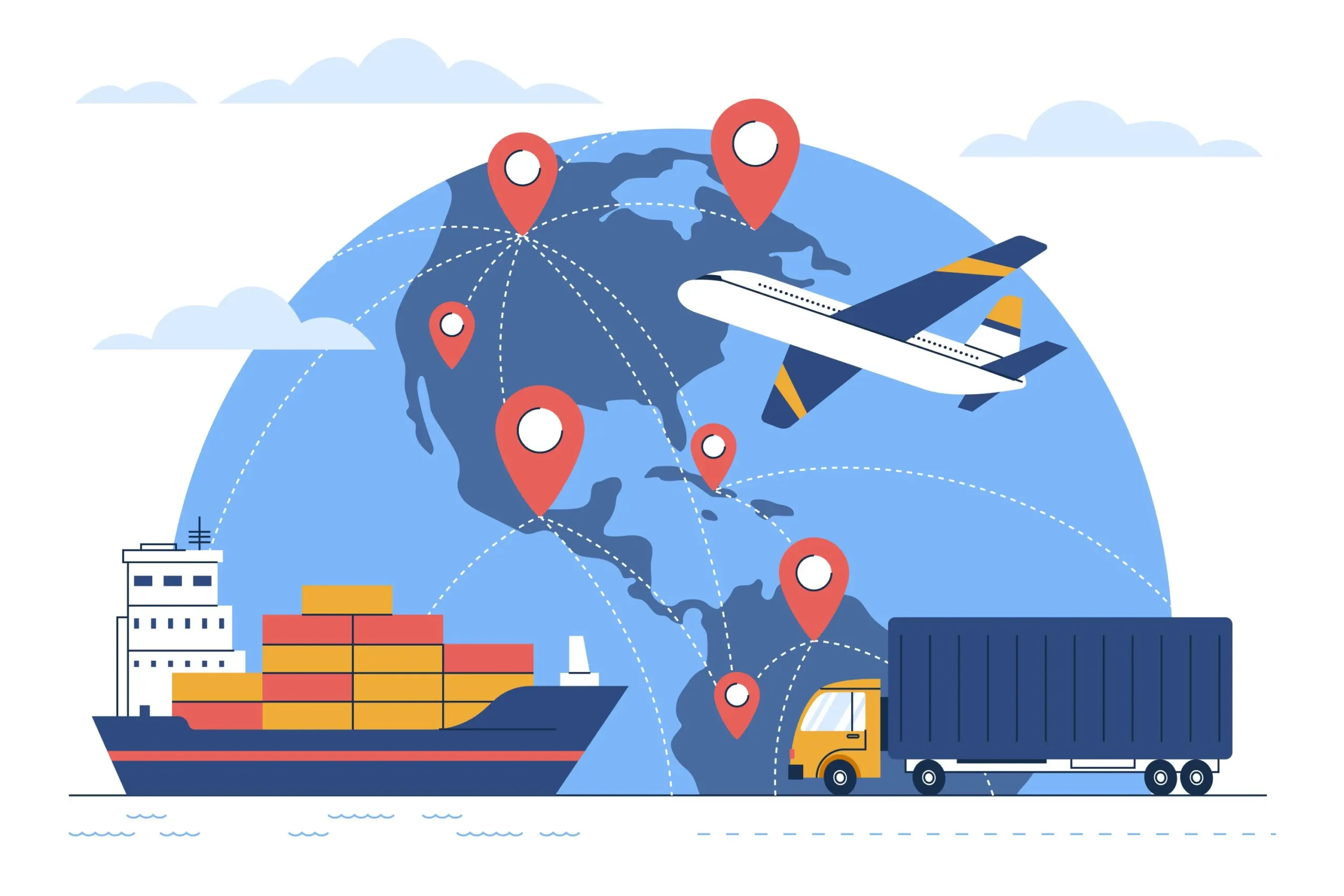An illustration of a globe with pins placed at different points and a variety of transportation options, signifying the accessibility and worldwide reach of Kurekraft's pharmaceutical exports. (PCD Pharma Franchise | Third-Party Manufacturing | Exports)